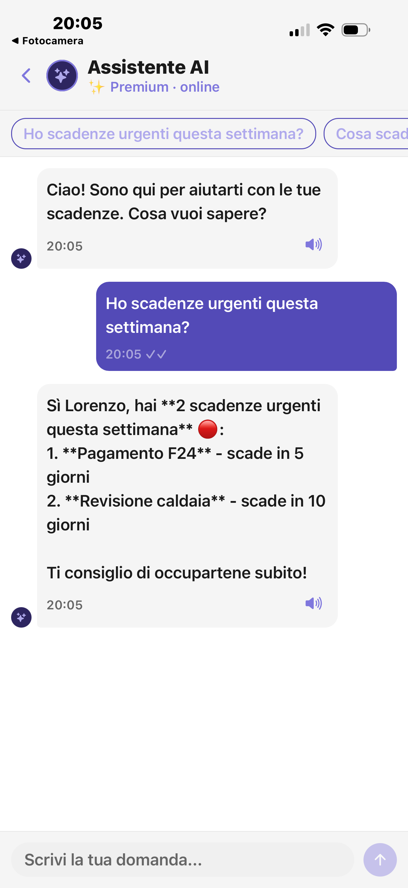 Chat con l'assistente AI di RicordAI che risponde sulle scadenze urgenti