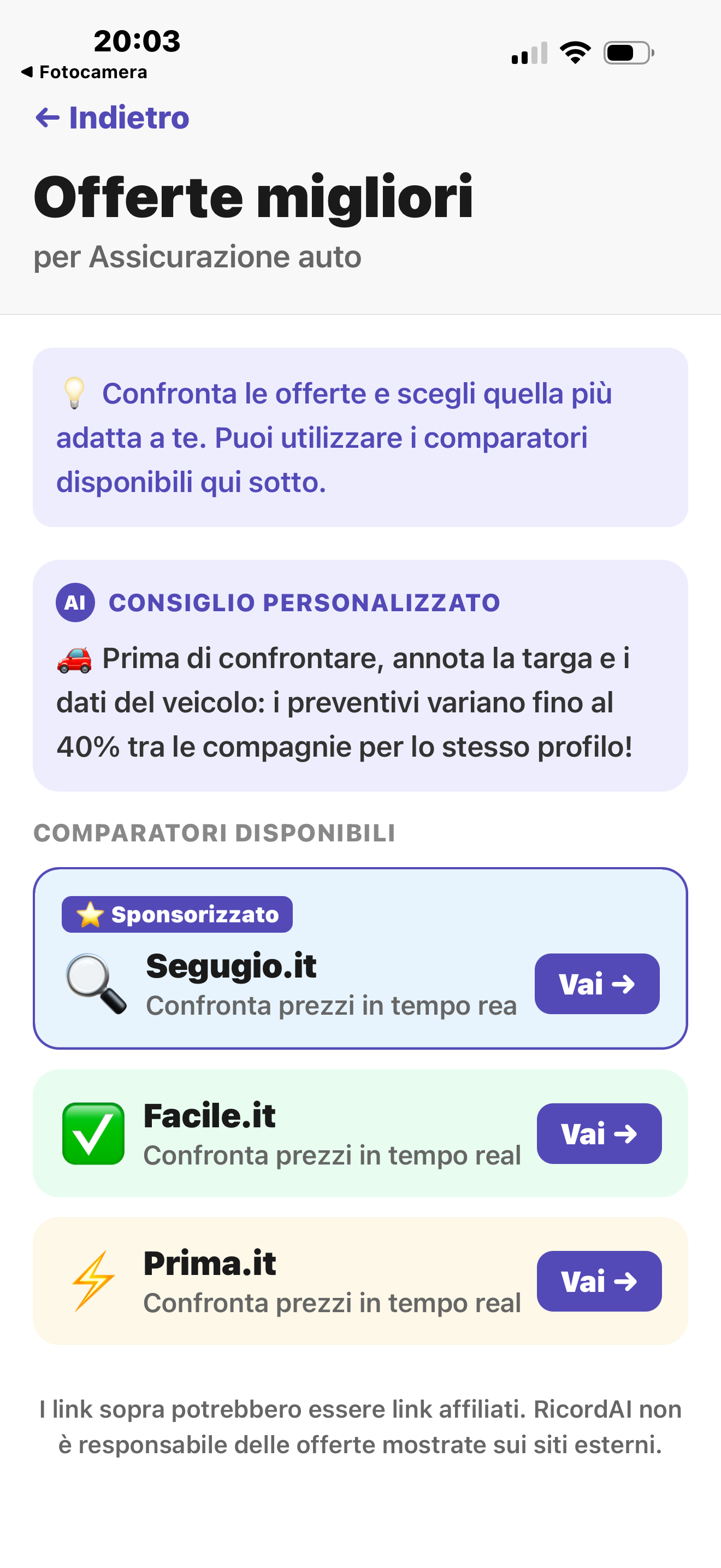 Schermata con offerte e comparatori per l'assicurazione auto