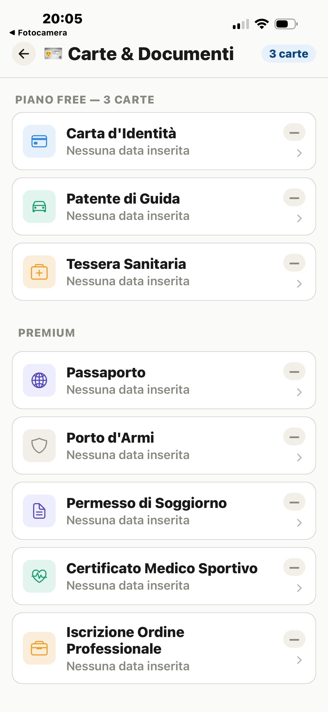 Sezione Carte e Documenti con carta d'identità, patente e tessera sanitaria