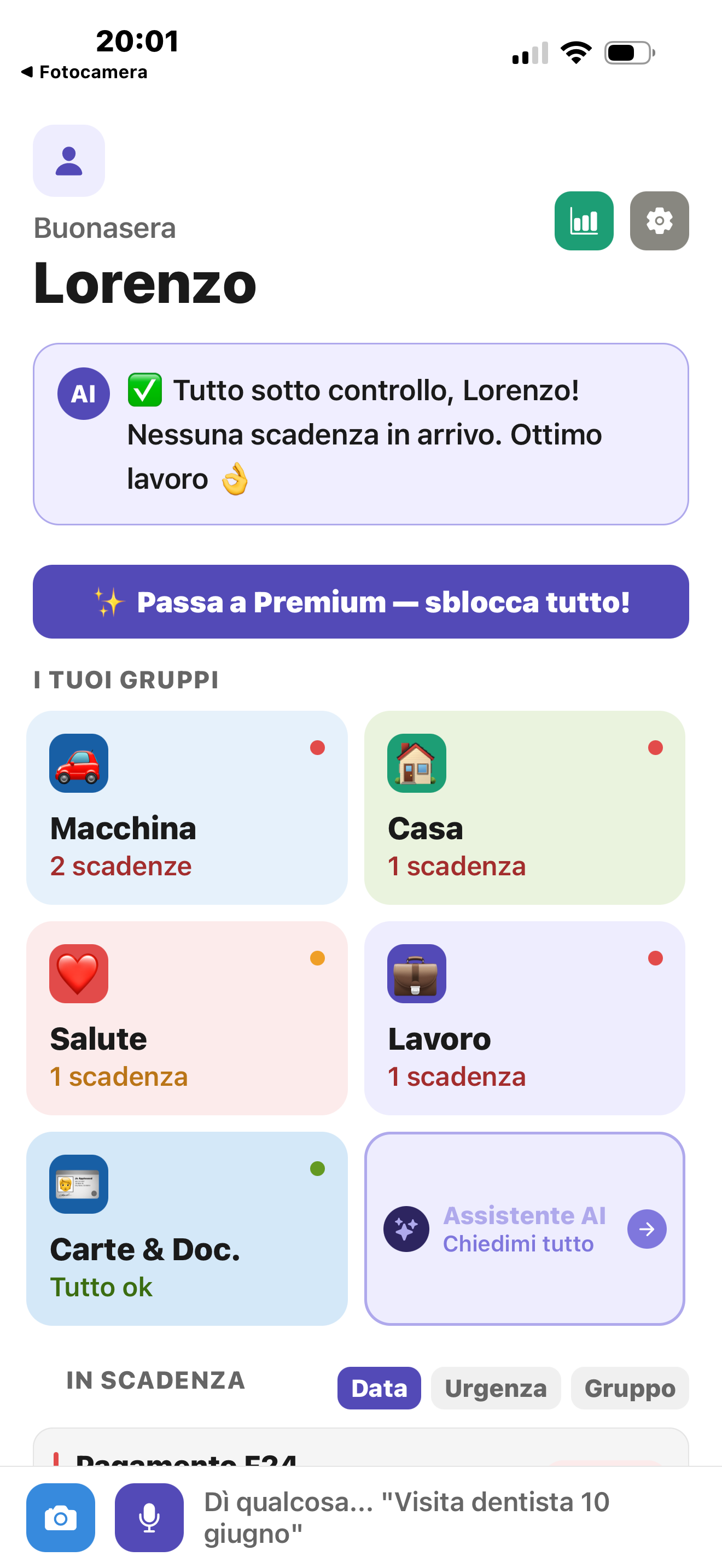 Schermata principale di RicordAI con i gruppi di scadenze