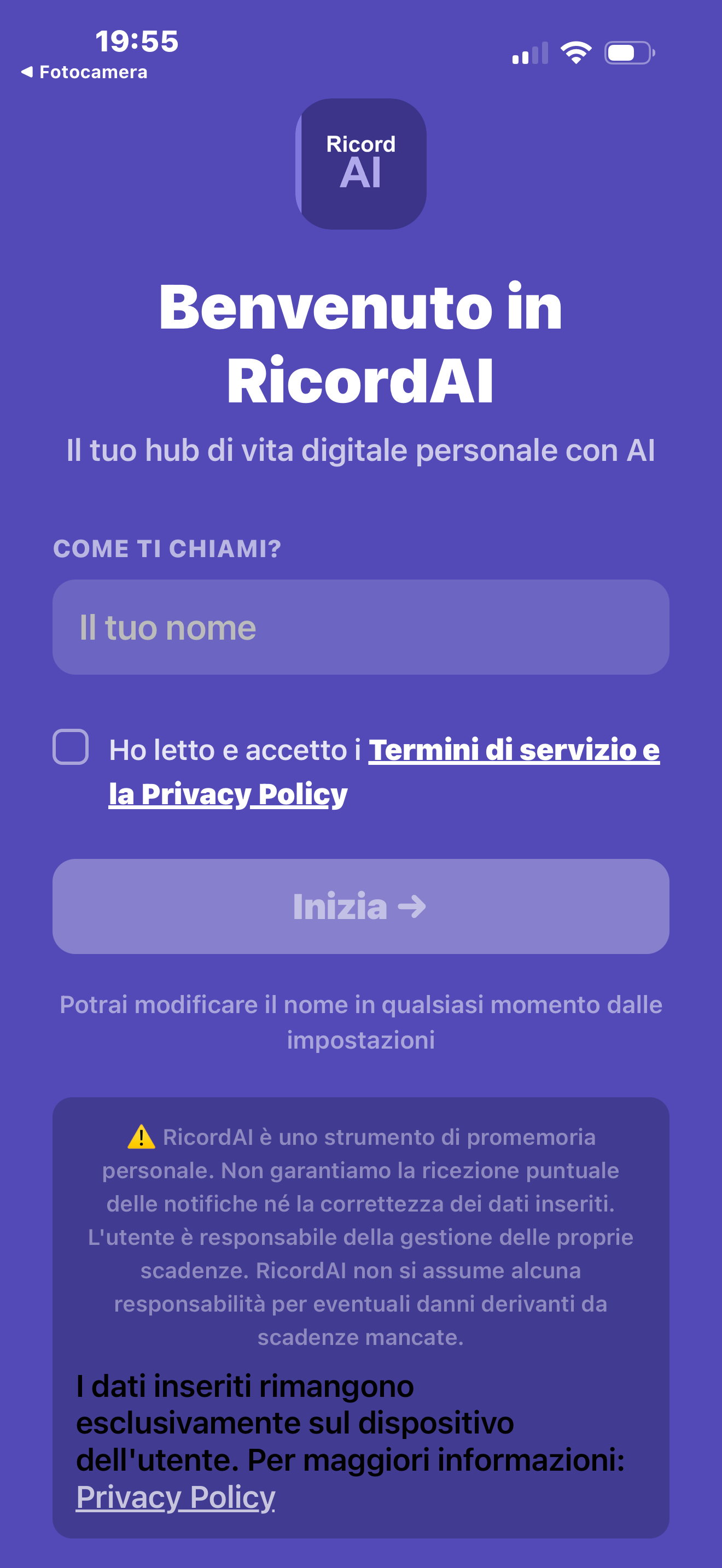 Schermata di benvenuto e onboarding di RicordAI